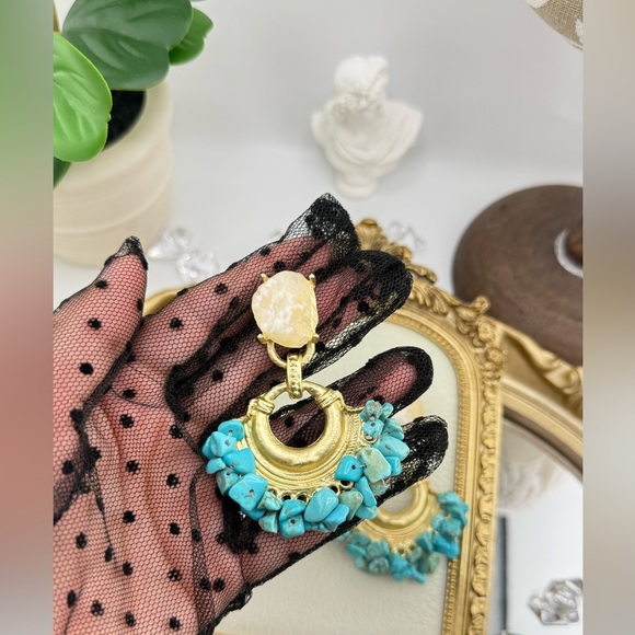 Statement Turquoise & Gold Drop Earrings | Boho Chic Bold Style - Picture 1 of 7